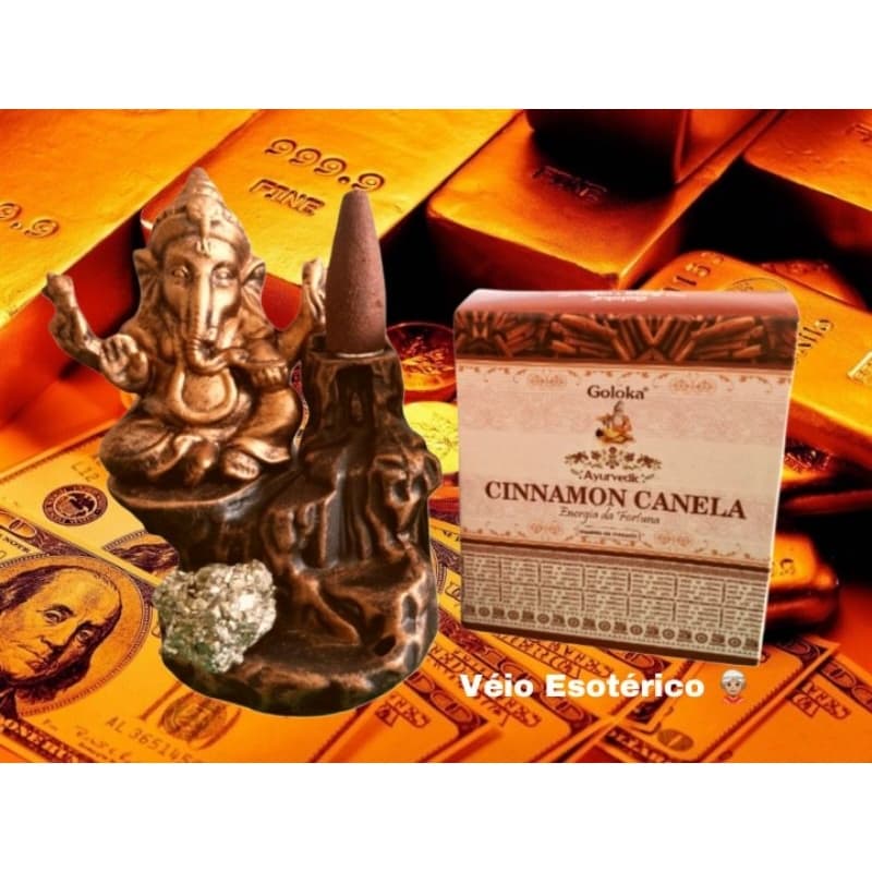 Kit Prosperidade – Incensário Cascata e Vareta Ganesha + Pedra Pirita + Incenso Goloka Canela