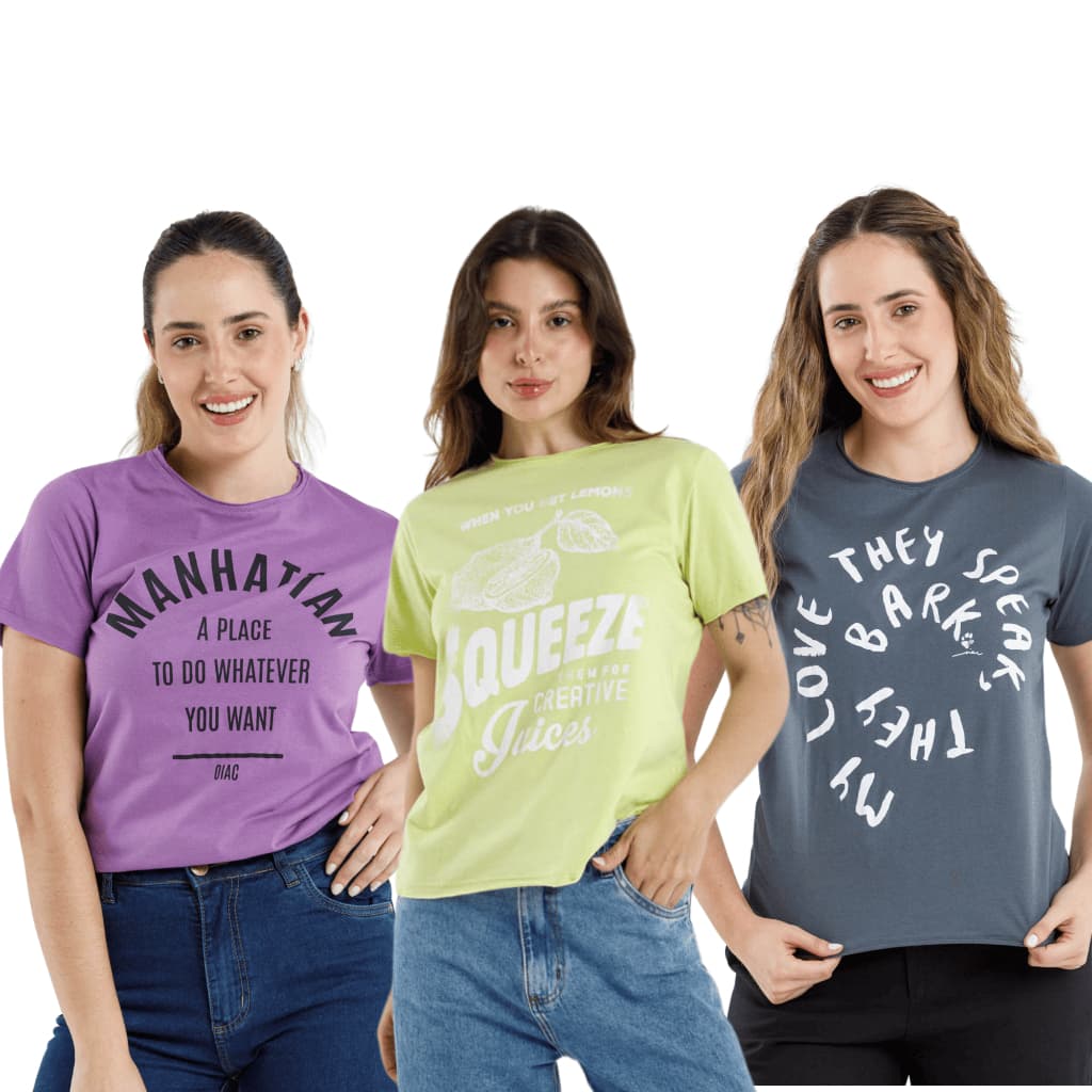 KIT 3 Camisetas Femininas Estampadas Básica KIT002-C3