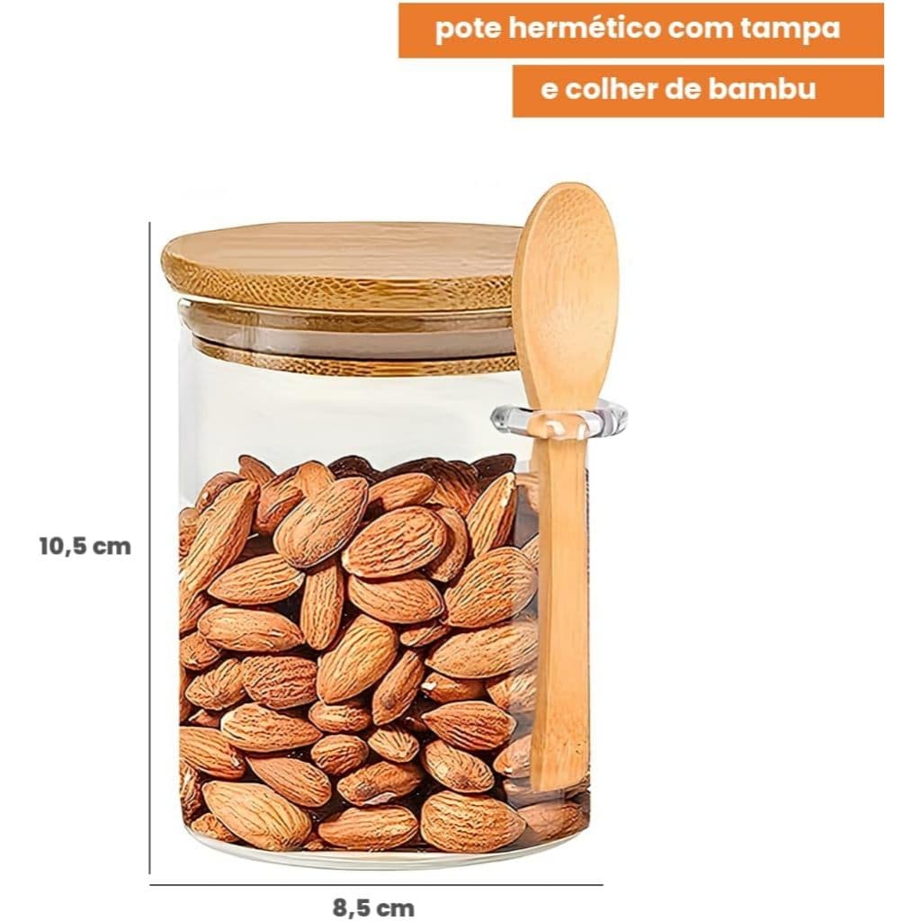 Pote de Vidro Redondo 600ml com Tampa Hermética de Bambu e Colher Ideal para Café Grãos e Temperos