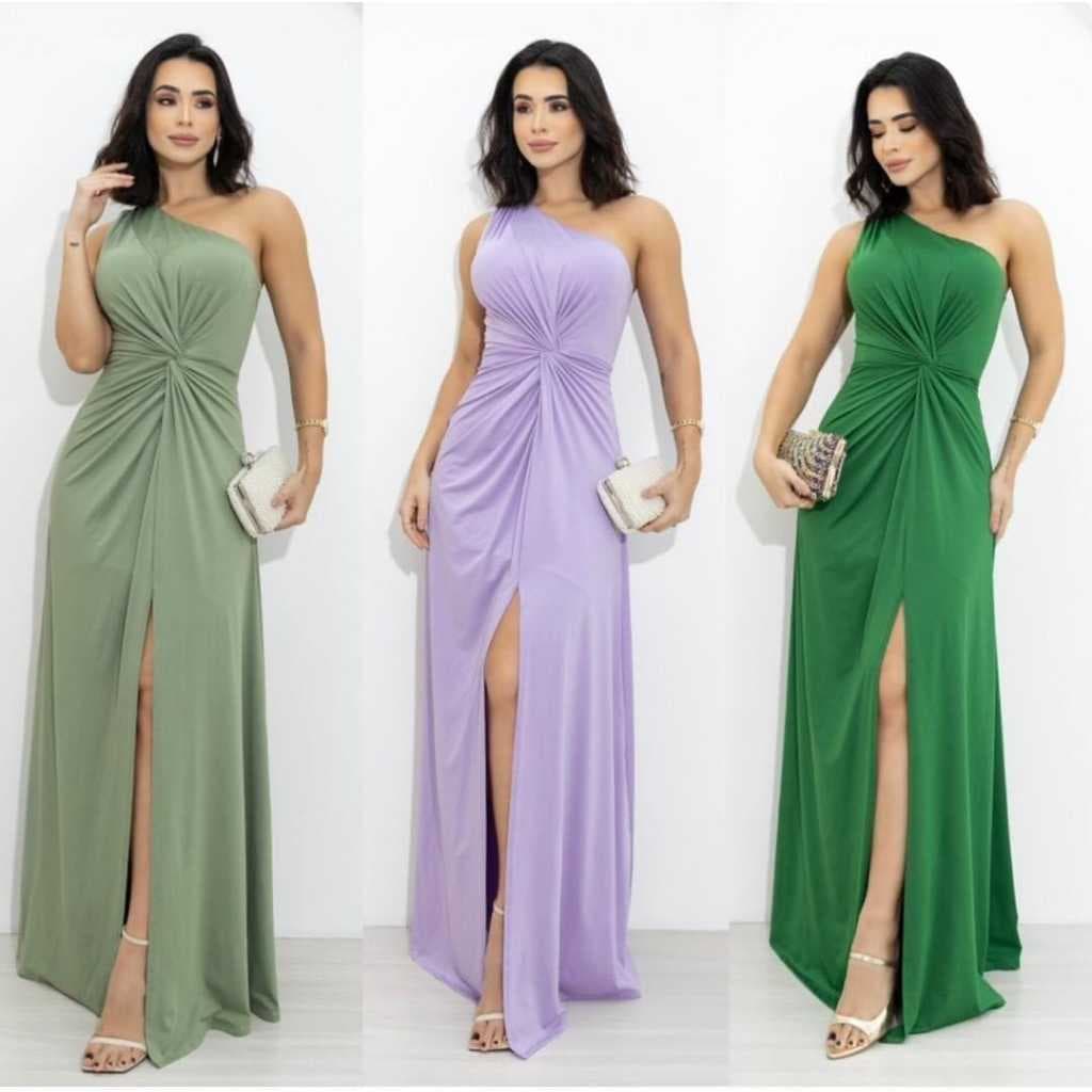 Vestidos de Luxo Adulto Uma Manga Ombro Só com Nozinho na Cintura Longo Madrinha Casamento Coral Fuccia azul serenity