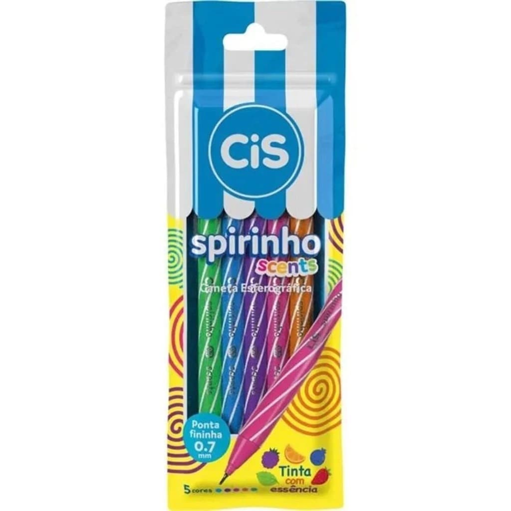 Caneta colorida kit Spiro Esferográfica 0.7 mm Cis Spirinho 5 Cores (cheirinho de frutas )