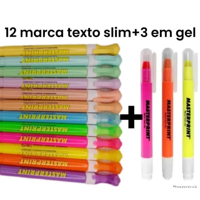 Kit 12 Marca Texto Slim (6 Neon + 6 pastel) + 3 Marca Texto Gel Amarela Rosa Laranja Masterprint