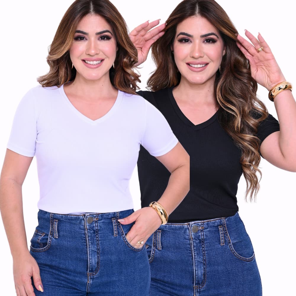 KIT 2 BLUSAS T-SHIRT FEMININA BASICA CANELADA GOLA V DECOTADA
