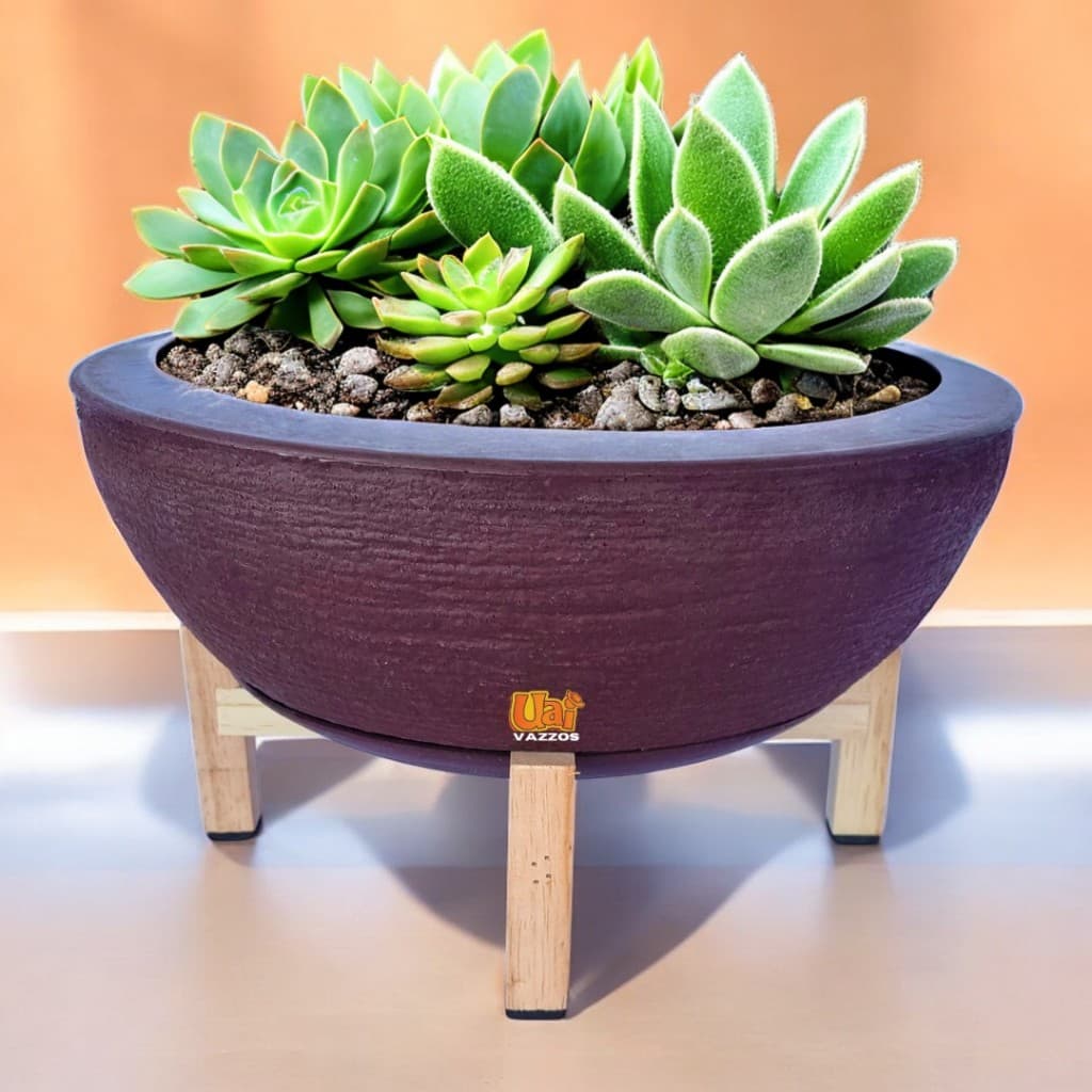 Kit 1 Suporte para Vasos Madeira Pinus + Bacia M Polietileno Rosa do Deserto Para plantas ou Flores