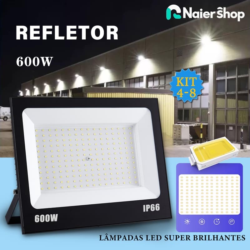 Kit 4-8 Refletor LED de 600W Holofote com luz fria e bivolt Luminária adequada para iluminação