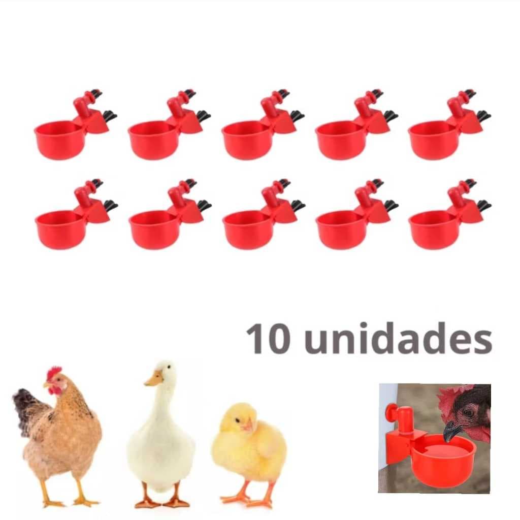 10 Bebedouros Automáticos de Copo para Aves Galinhas, com Copo de Água na Cor Vermelha