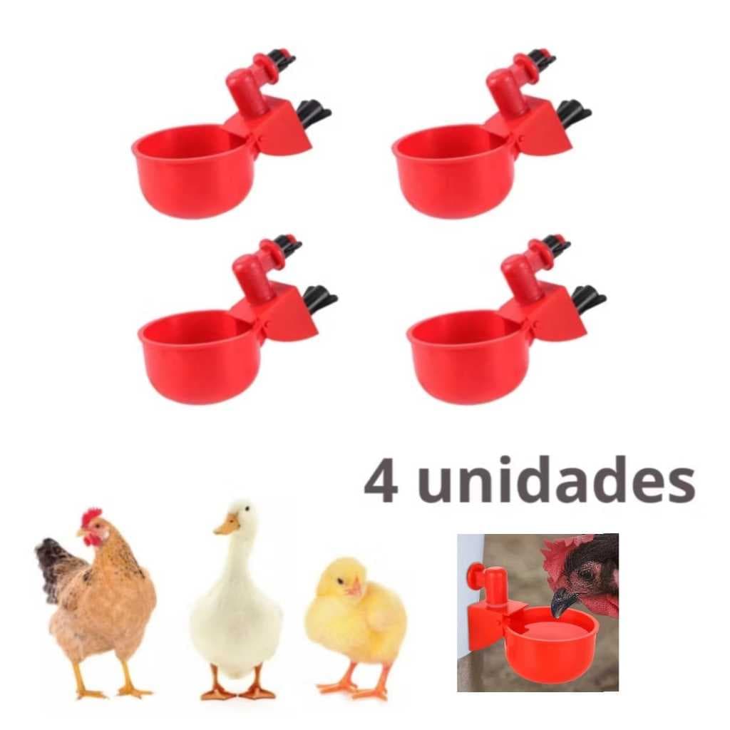 4 Bebedouros Automáticos de Copo para Aves Galinhas, com Copo de Água na Cor Vermelha