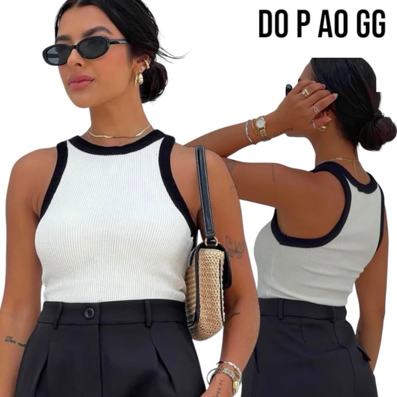 Blusa Feminina Regata Básica Canelada Bicolor  do P ao GG