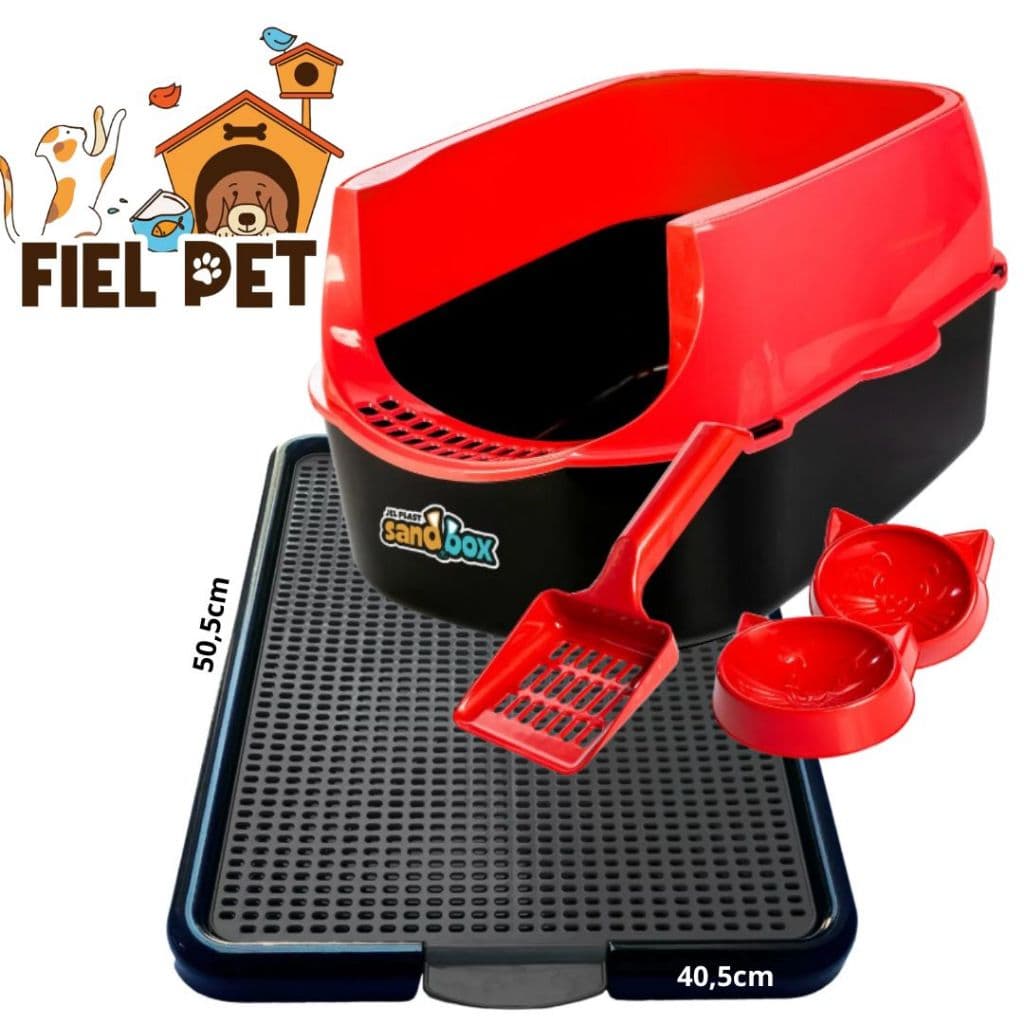 KIT Caixa De Areia Para Gato + Tapete Coletor de Areia 2D + Comedouro / Bebedouro / Pazinha