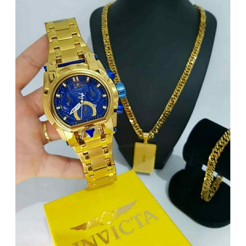 Relógio masculino invicta+conjunto de corrente e puseira o kit completo