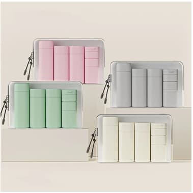 Conjunto de Frascos Dispenser p/ Viagem c/ 5 Pcas + Necessaire Kit de Shampoo p/ viagem