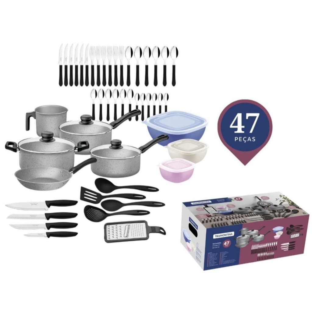47 PEÇAS PARA COZINHA TRAMONTINA COM PANELAS ANTIADERENTES, TALHERES, FACAS E UTENSÍLIOS