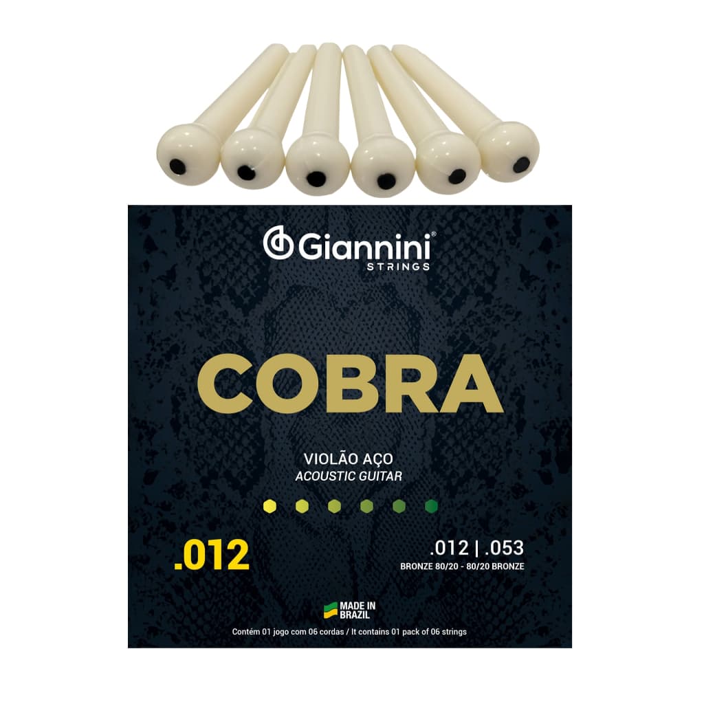 Cordas Violão Aço 012 0.12 Giannini Série Cobra Encordoamento Completo C/ Pinos da Ponte Violão