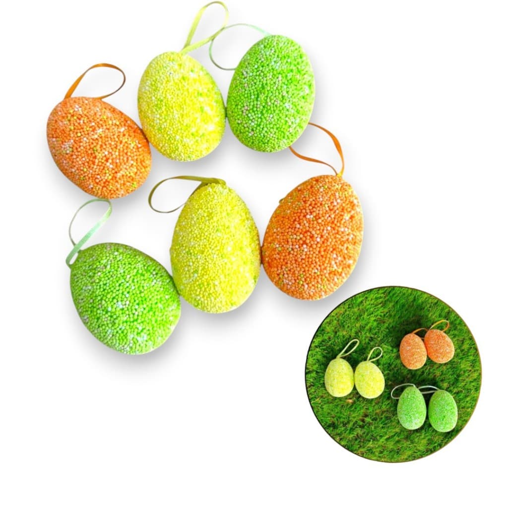 24 Ovos Enfeite de Páscoa em Isopor com Laço p/ Pendurar Linda Decoração Pendente Ovos de Pascoa 6CM