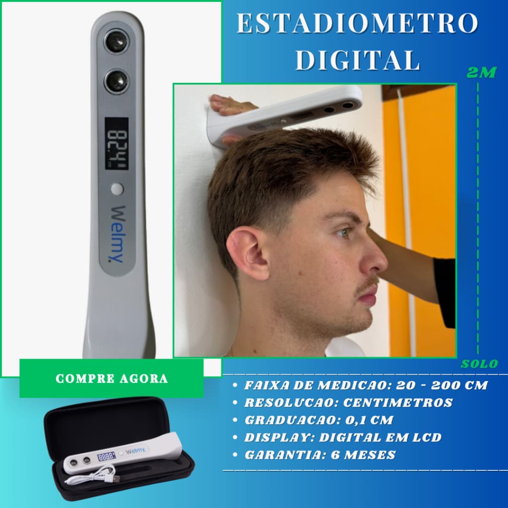Estadiômetro Digital Portátil Ultrassônico Welmy Medidor de Altura 20-200cm Alta Precisão LCD