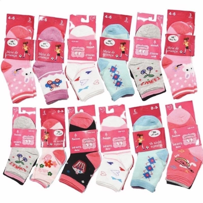 Kit com 3 6 12 Pares de Meias cano alto Infantil Femina 0-10ano