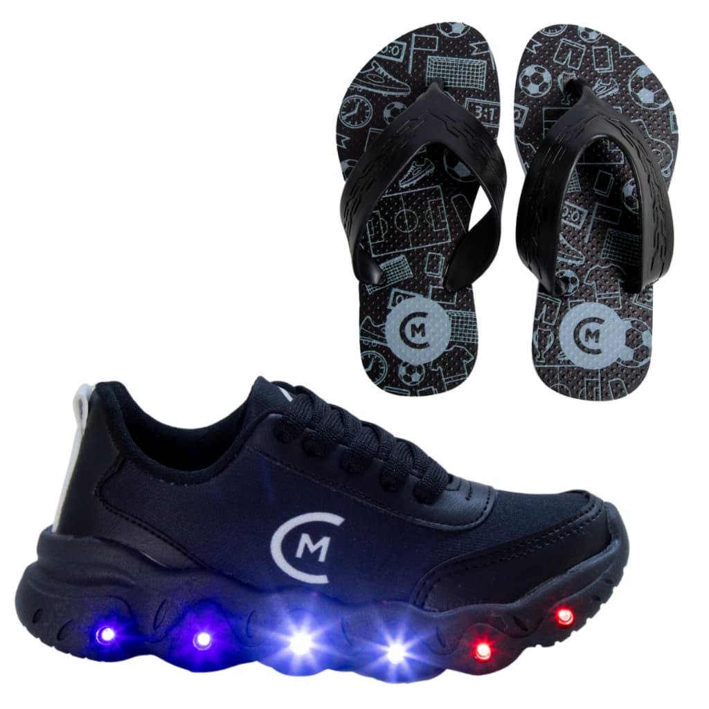Tênis Infantil Led Masculino Jogging Escolar Passeio Meninos + Chinelo