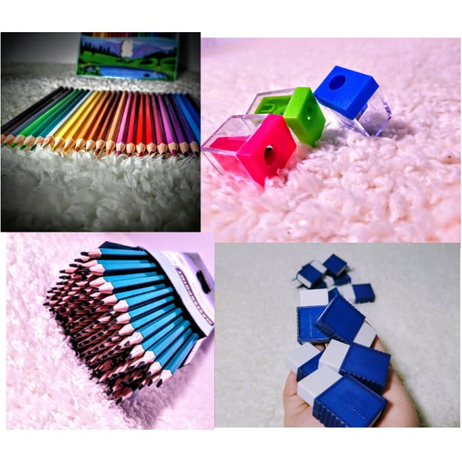 KIT MATEIRAL ESCOLAR - LÁPIS, BORRACHA, APONTADOR,  TESOURA, CANETA MARCA TEXTO NEON OU PASTEL 41 ITENS