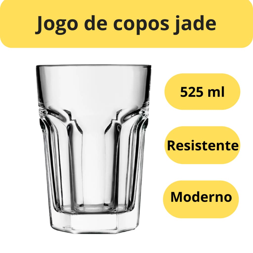 JOGO DE COPOS VIDRO GROSSO LUXO TRANSPARENTE 525ML 6 PEÇAS AGUA SUCO