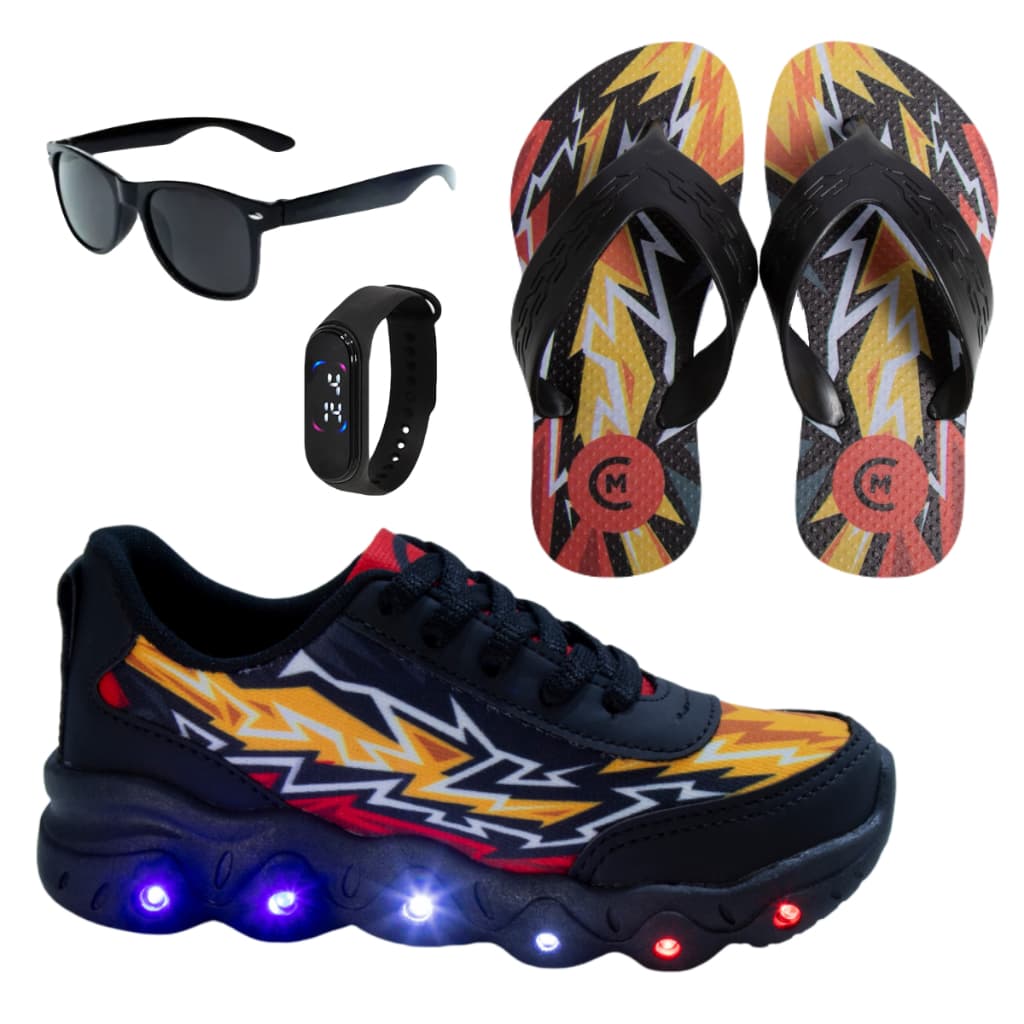 Tênis Infantil Led Masculino Casual Jogging  Escolar Meninos + Chinelo Óculos Relógio