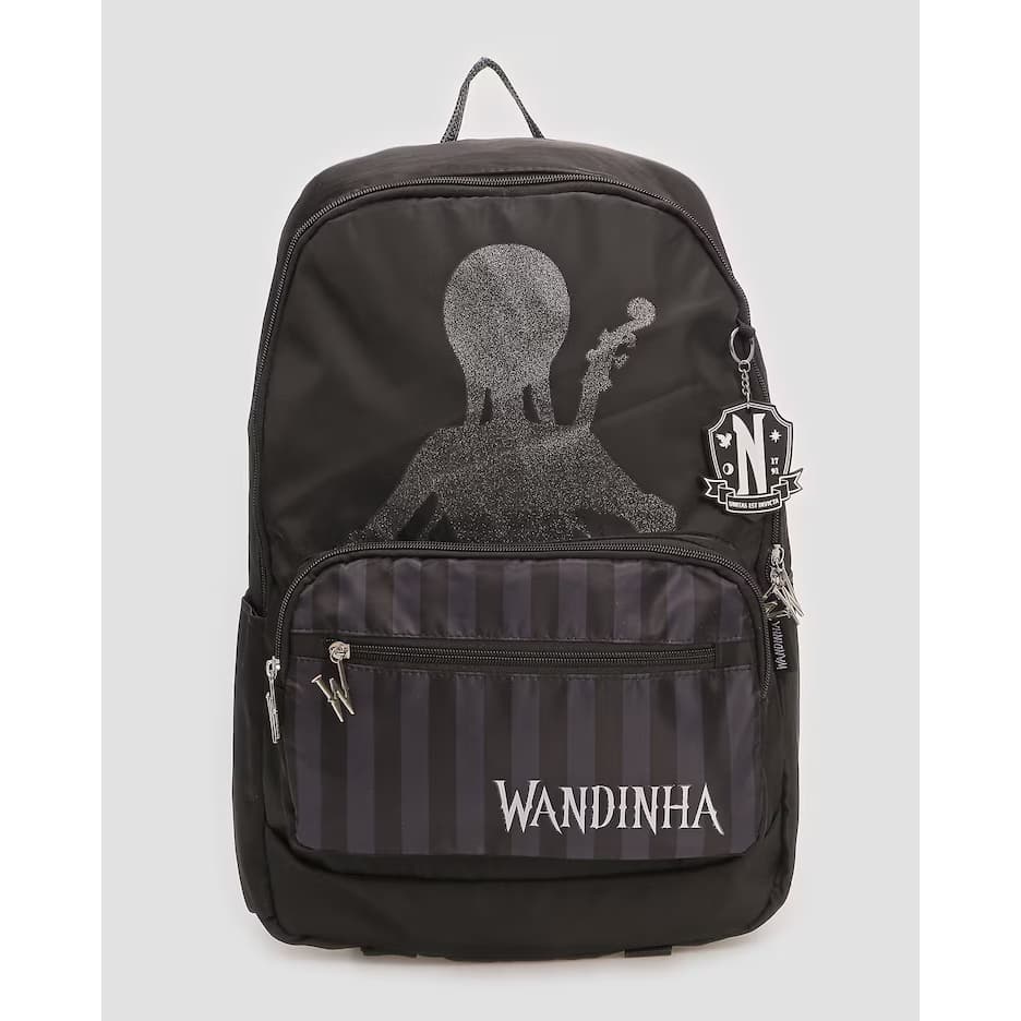 Mochila juvenil listrada com glitter preta | Wandinha