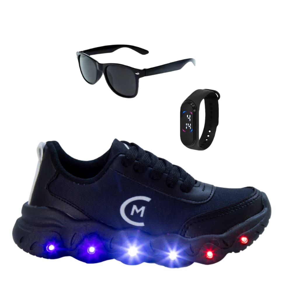 Tênis Led Infantil Masculino Casual Jogging Escolar Meninos + Óculos Relógio