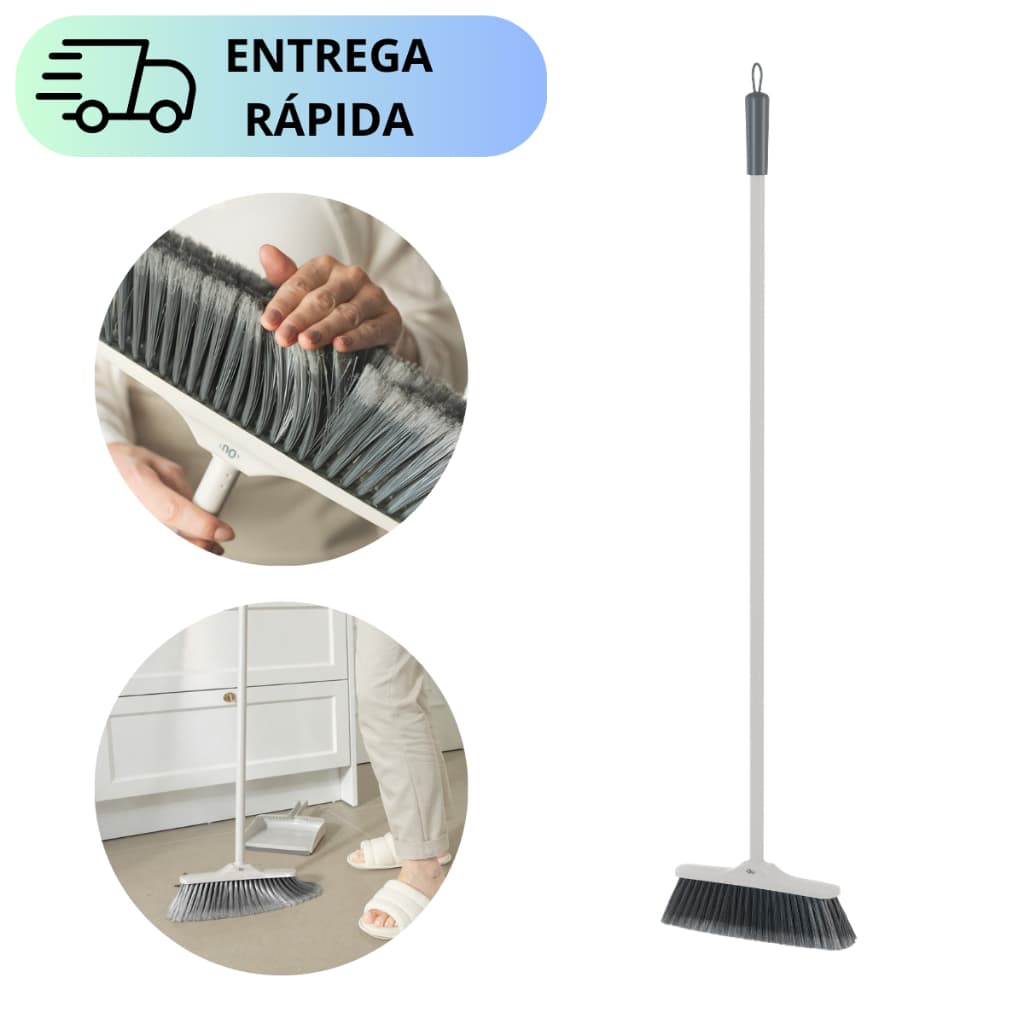 Vassoura Plana com Cabo Inox Cerdas Macias Em Nylon e Suporte Emborrachado Para Limpeza Multiuso OU