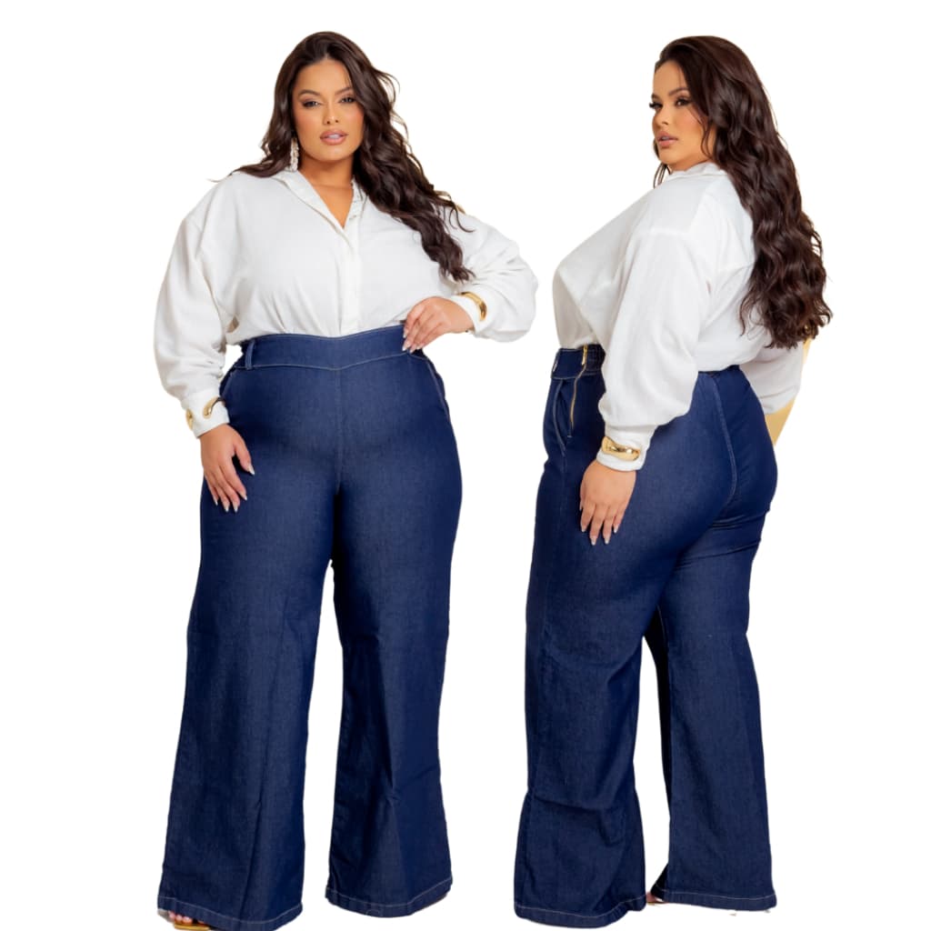 Calça Jeans Feminina Pantalona Elegante Plus Size com lycra Cintura Alta