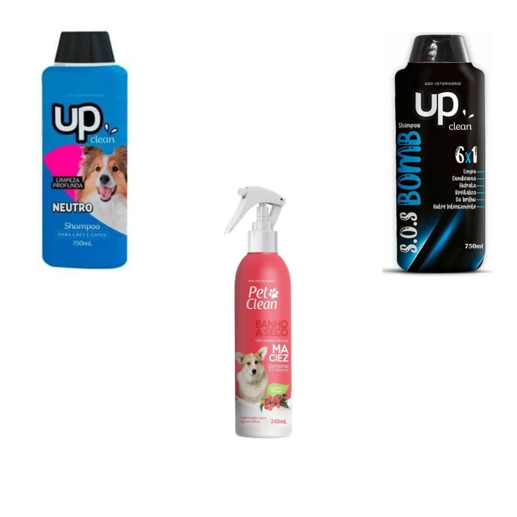 kit shampoo neutro + banho a seco maciez + shampoo 6x1 upclean