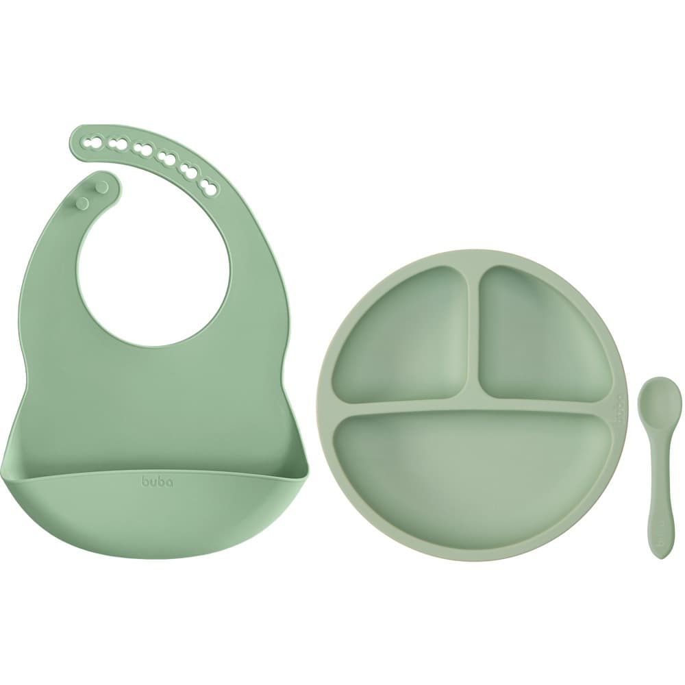 Kit Refeição Em Silicone Pratinho Divisória Babador E Colher