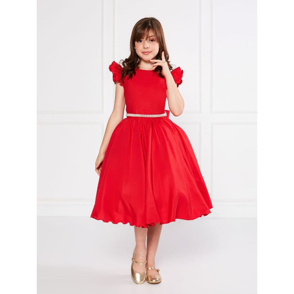 Vestido Godê Liso Vermelho Festa Infantil Cinto Pérola Natal