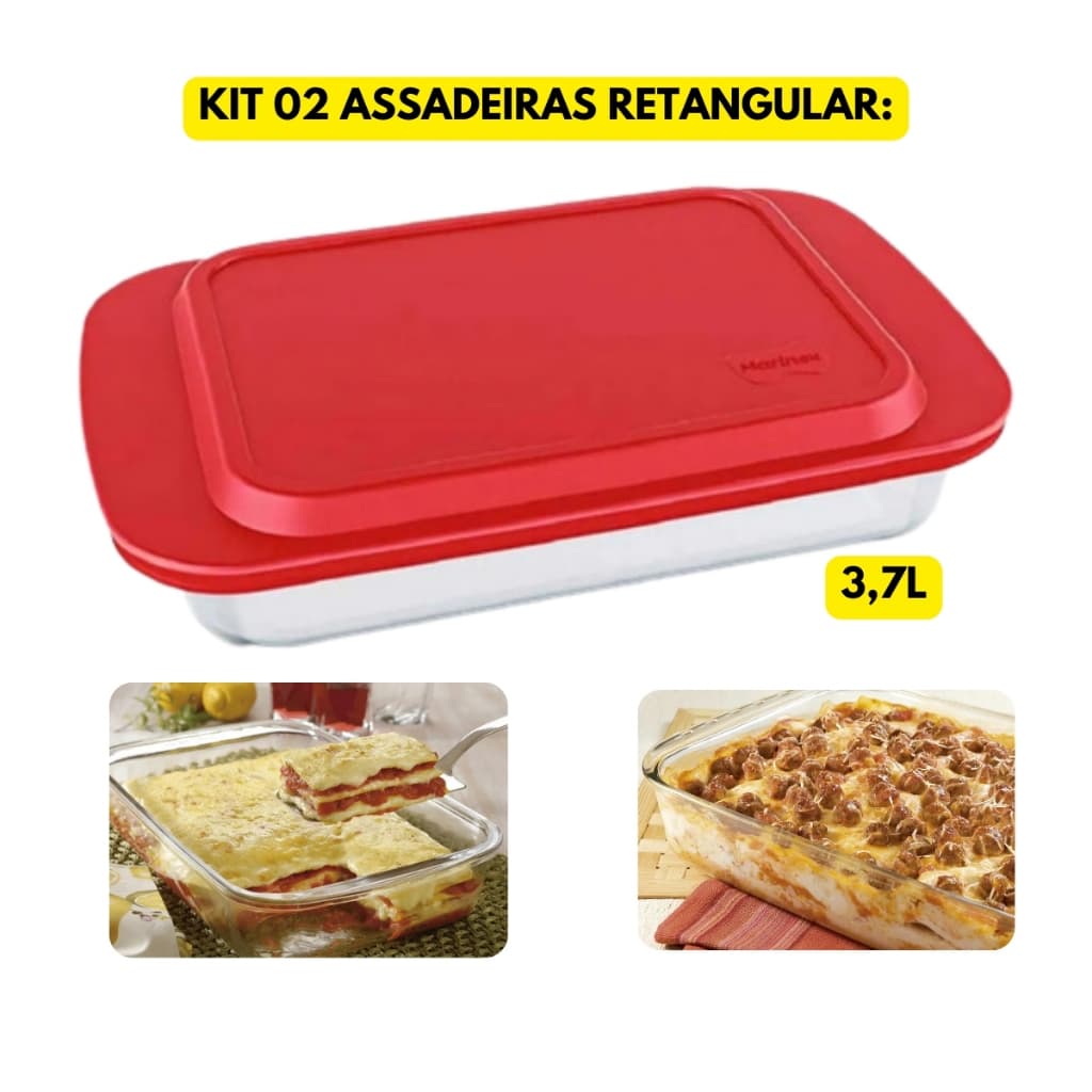 Jogo Kit 02 Assadeiras Retangular 3,7L C/Tampa Vidro Marinex Travessa Lasanheira Refratário