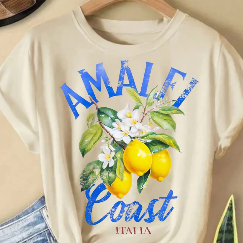 Camiseta Feminina Lançamento Estampada Colada AMALFI Coast 100% algodão Soltinha Larga Verão
