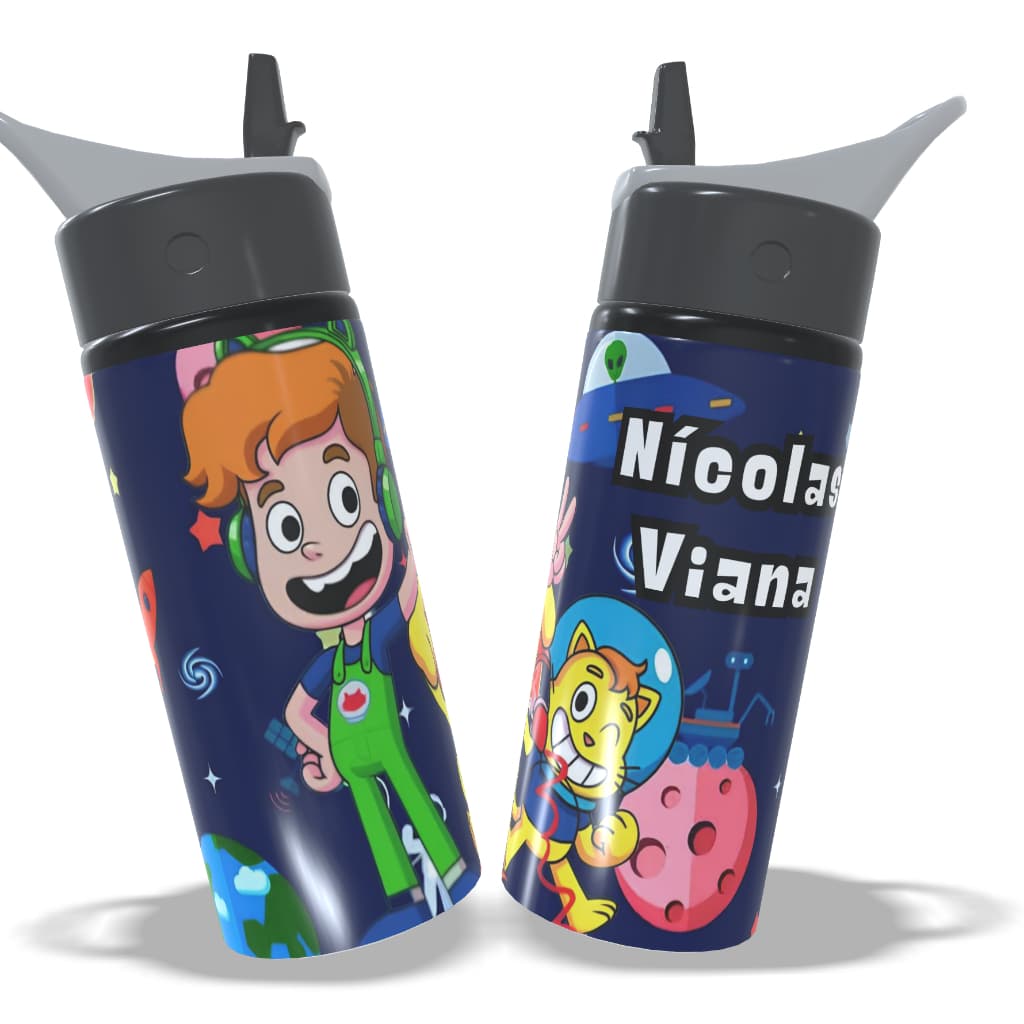 Garrafa Squeeze Gato Galático Personalizada Alumínio Garrafinha Infantil Escolar