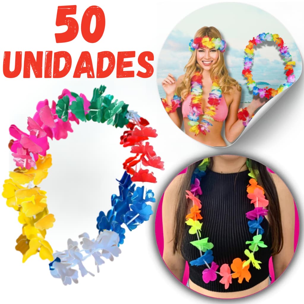 Kit Colar Havaiano Flor Carnaval Flores Coloridas para Luau Festas Fantasia Adereço de Pescoço