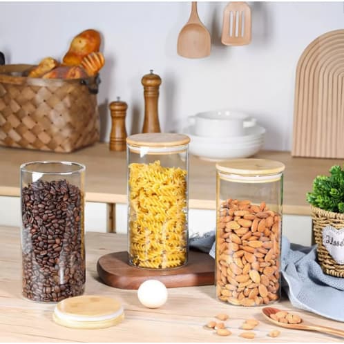 Kit 3 Potes Borosilicato/Vidro Mantimentos Hermeticos com Tampa de Bambu 1L