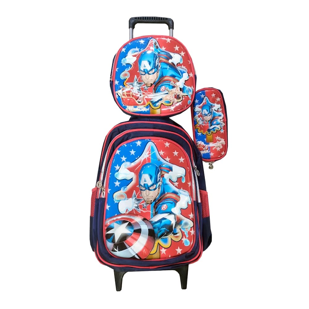 Kit Mochila do Capitão América em 3D com Rodinhas + Lancheira Térmica + Estojo Escolar Alto Relevo