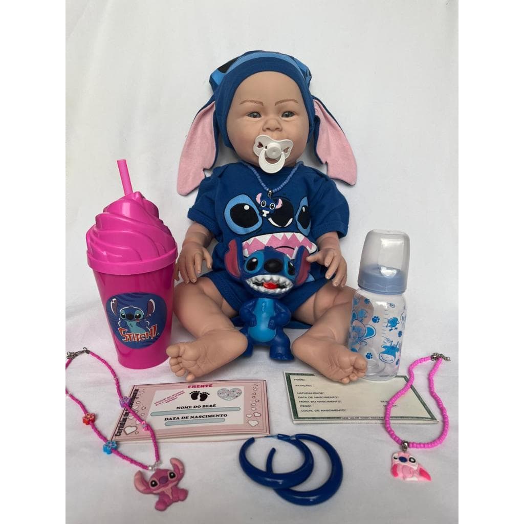 Kit Boneco Bebê Reborn Copo Mamadeira Bonequinho Lilo Stitch RG Certidão de Nascimento Chupeta Roupinha e Boina
