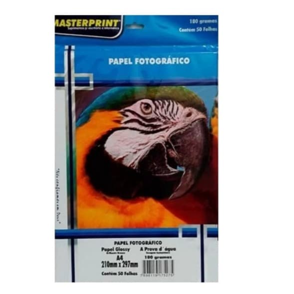 Papel Fotográfico Foto Glossy Brilhante 180g 50 folhas Resistente a água Premium A4 MASTERPRINT