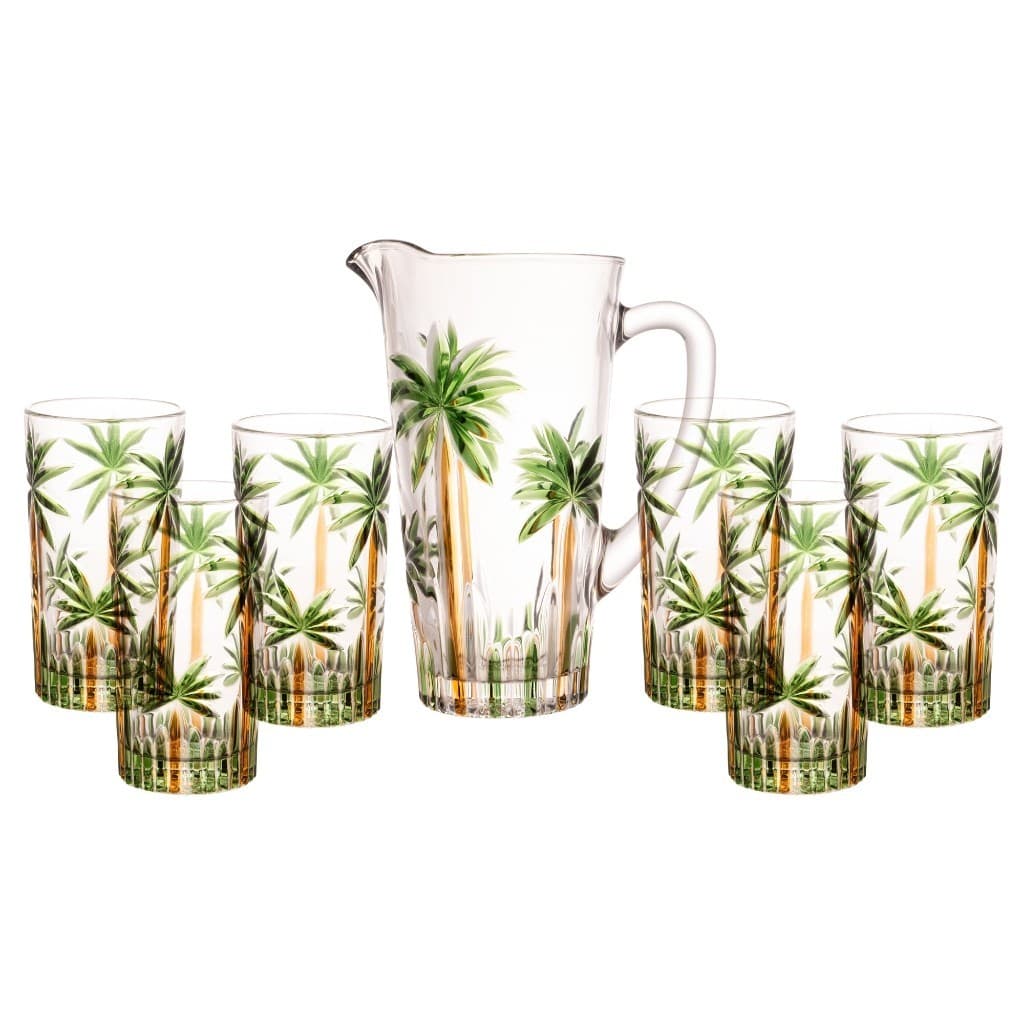 Jogo Jarra c/ 6 Copos 330ml Jarra 1,2l agua suco Cristal Coqueiros Palm Wolff