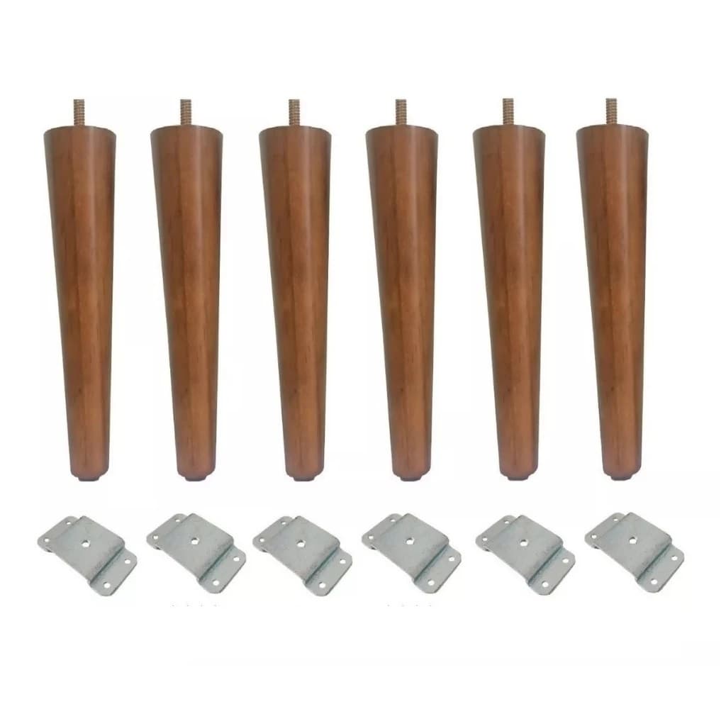 Kit Jogo 6 Pés Palito Castanho 30CM Com 6 Chapinha Inclinada Para Poltrona Puff Rack Móveis