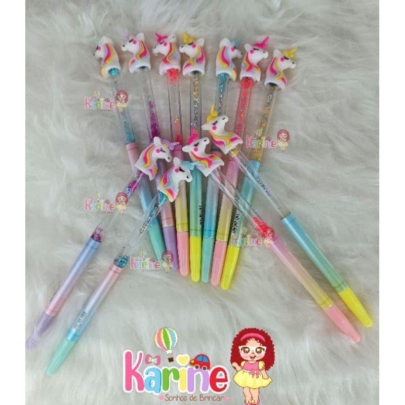 12 Canetas Unicórnio com glitter/Caneta decorativa/Caneta divertida/Unicórnio/Caneta do Unicórnio/Escrita Azul