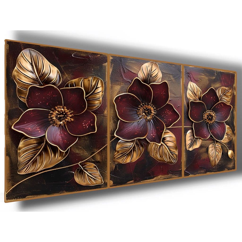 Quadro Decorativo Jarros Flores Vermelha Galhos Dourado Jardim