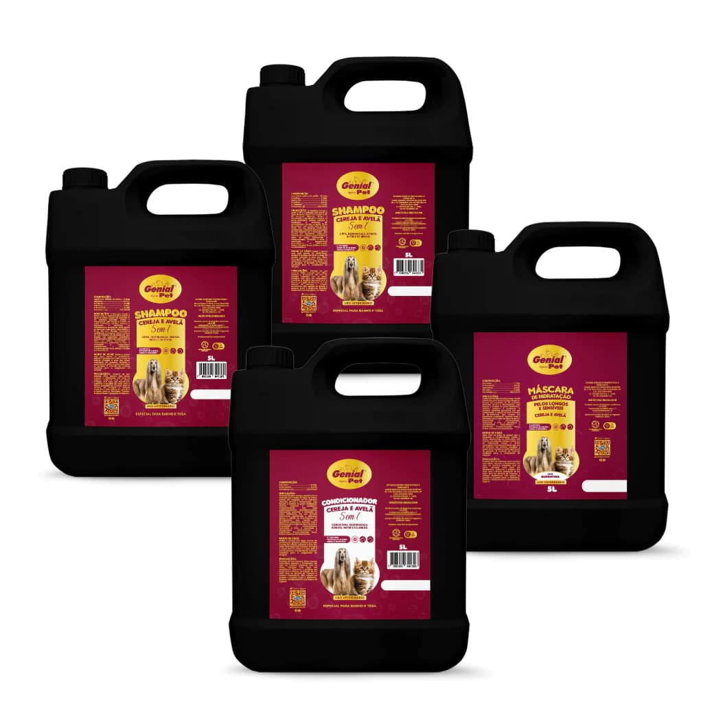 Kit Banho e Tosa - 02 Shampoo, condicionador, máscara cereja e avelã pet Genial Pet