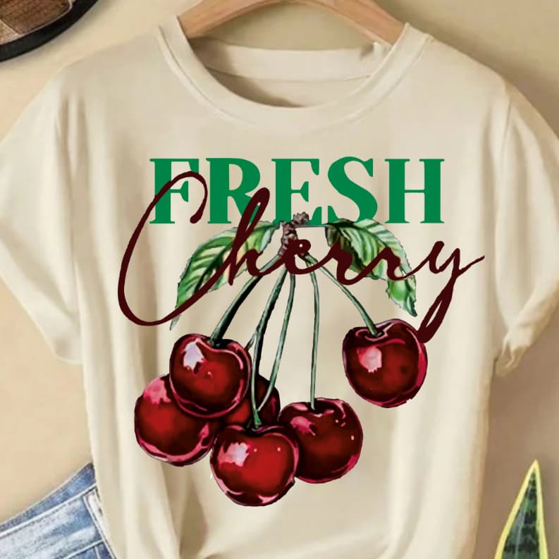 Camiseta Feminina Lançamento Estampada Fresh Cherry 100% algodão Soltinha Larga