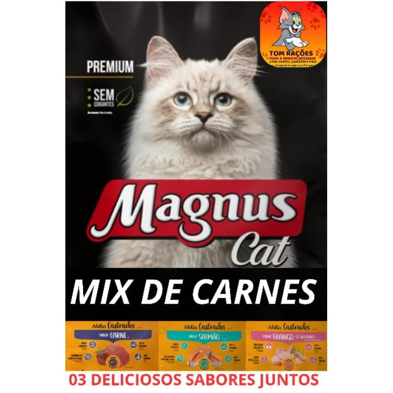 3kg Granel, Magnus Cat Gatos Castrados Mix de Carnes, sabor Carne, Salmão e Nuggets/Pastelzinho recheado de Frango