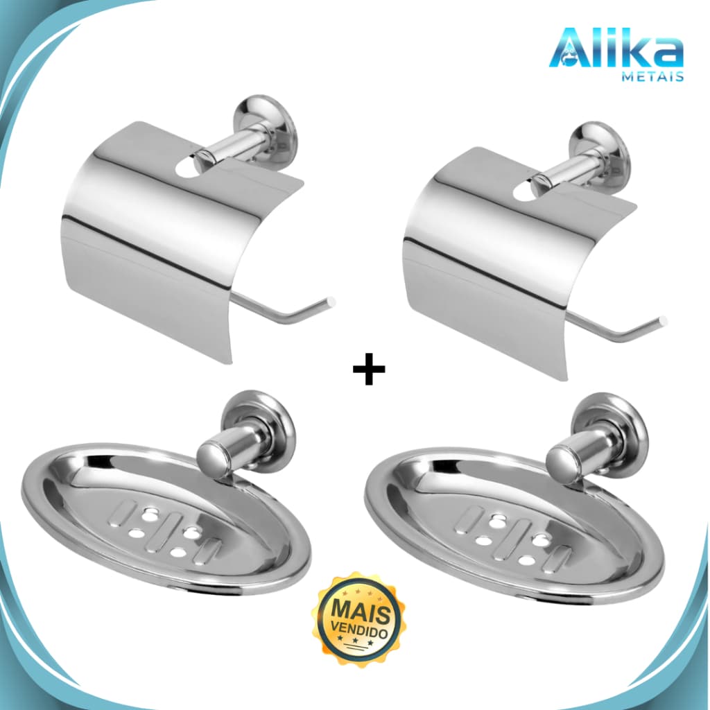 2 kit saboneteira + papeleira aço inox metal para banheiro lavabo