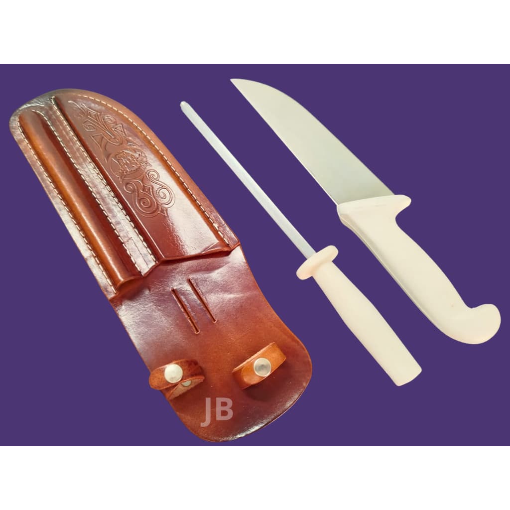 Kit churrasco Faca + chaira inox + bainha couro - Luxo