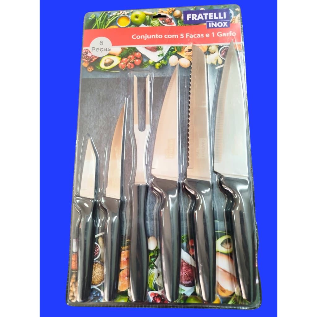 Kit Jogo de Facas 6 Peças em Aço Inox Fratelli com 5 Facas e 1 Garfo Trinchante