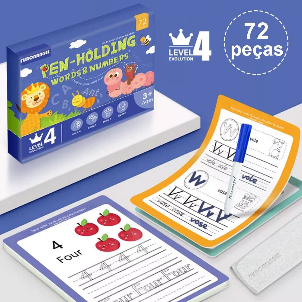 Kit Caligrafia Mágica Infantil Reutilizável Letras e Números com Caneta Coordenação Motora